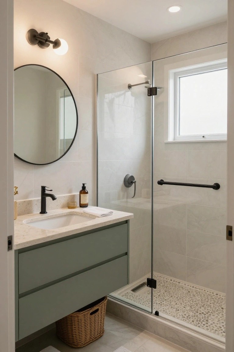 Modern bathroom featuring a glass shower, circular mirror, green vanity, and pebble floor.