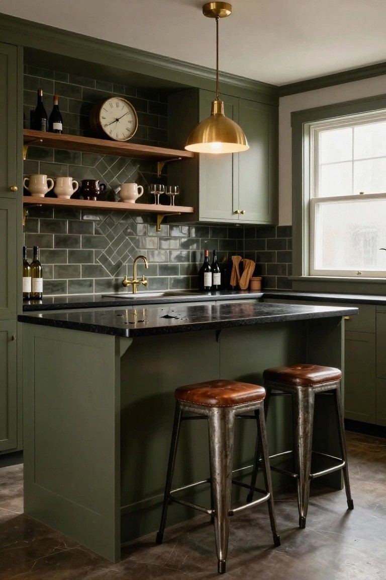 Kitchen interior with sage green cabinets, black granite countertop and island, brass pendant light and faucet, green subway tile backsplash, wooden shelves with pottery and wine bottles, and two leather stools at the island.