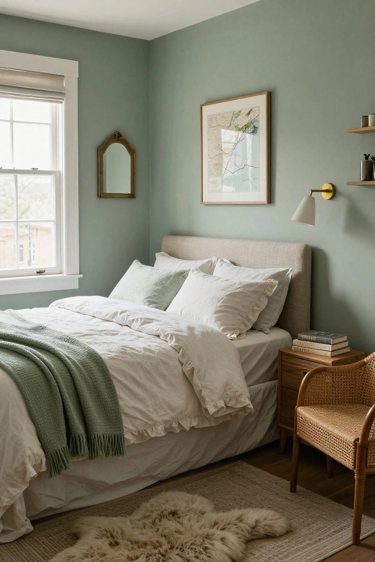 A cozy bedroom featuring sage green walls, a beige upholstered bed with white bedding and a green knit throw, wooden nightstand with books, rattan chair, sheepskin rug, floating shelves, wall art, brass wall lamp, and window with beige roller shade.