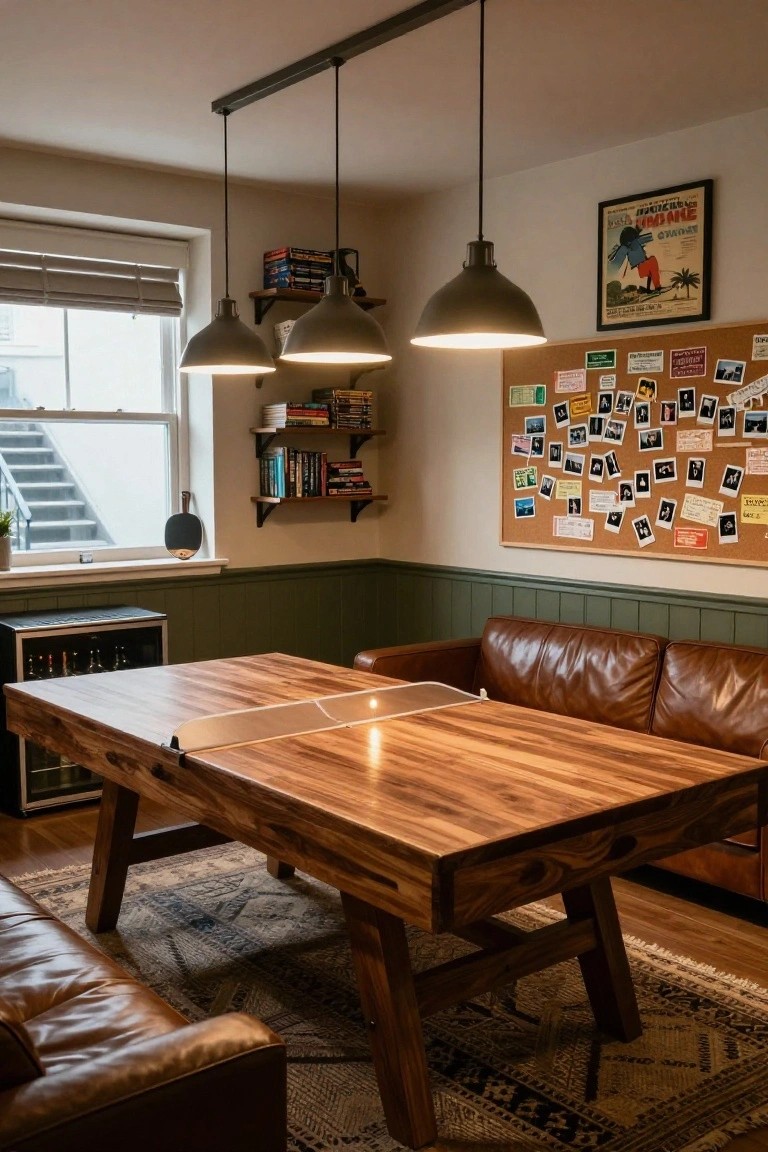 Basement rec room with sage green walls, large wooden ping pong and dining table, tan leather sofas, bookshelves, pendant lights, wine cooler, and corkboard with photos and tickets.