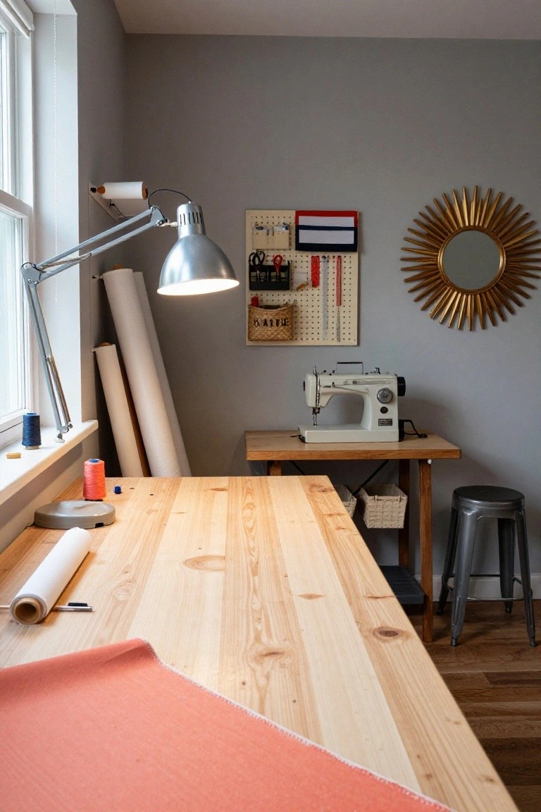 Sewing room interior with light gray walls, wooden workbench holding fabric rolls and a white sewing machine, pegboard tool organizer, adjustable lamp, and gold sunburst mirror.