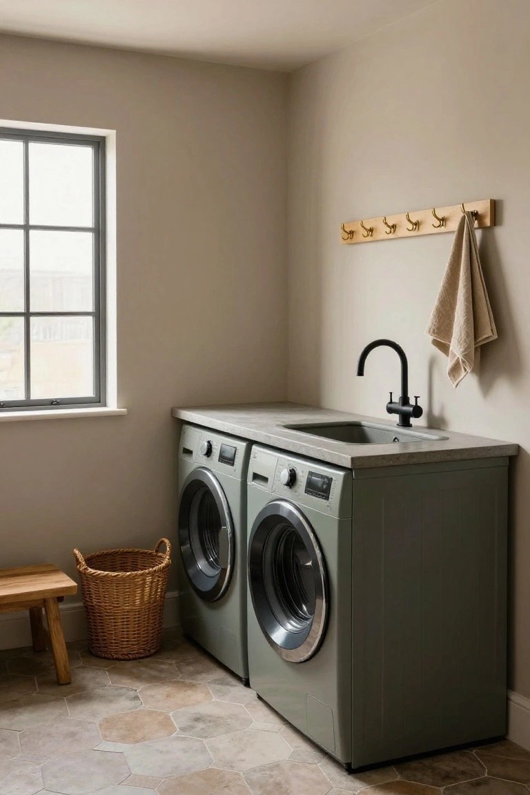 Laundry room featuring two sage green front-loading washers, concrete countertop with sink and black faucet, greige walls, wooden wall hooks with linen towel, wicker basket, wooden stool, and hexagonal beige floor tiles.