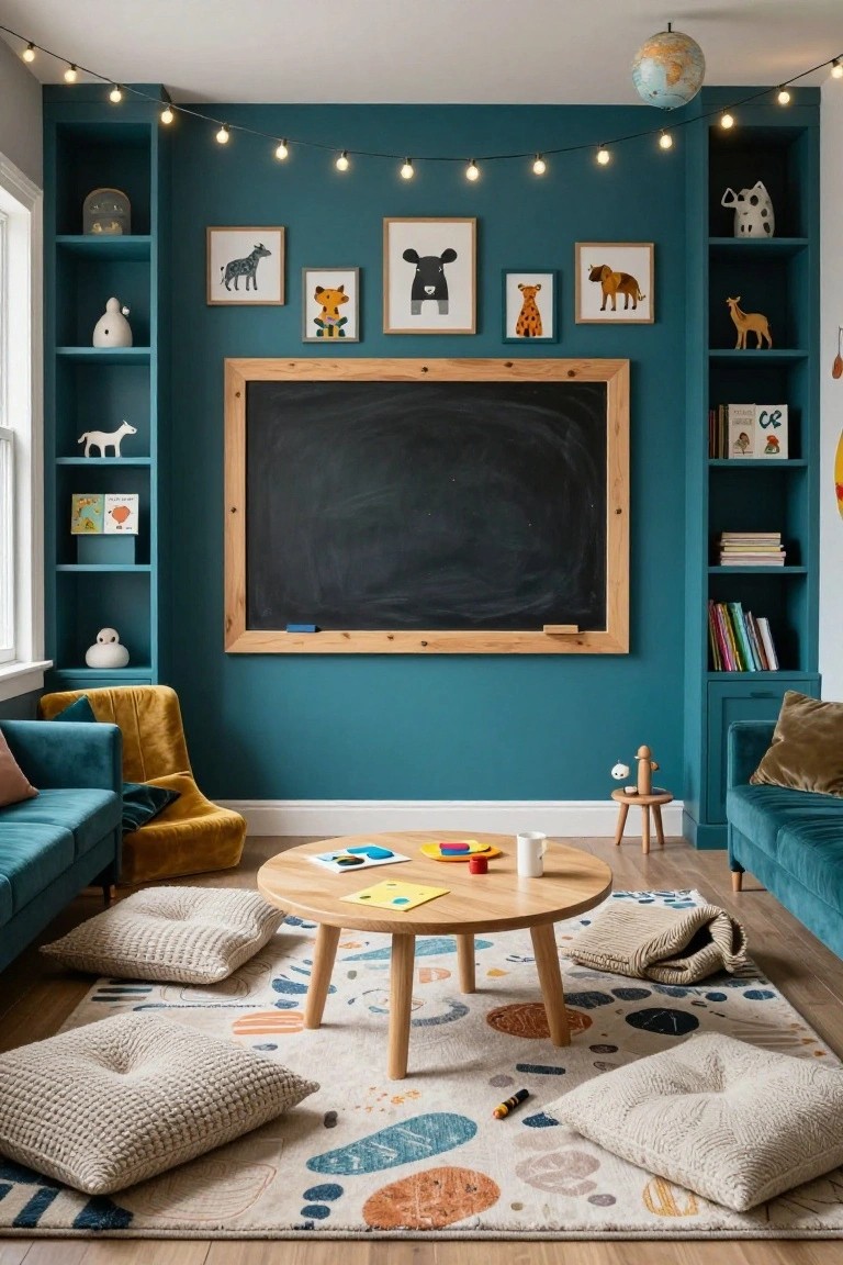 Cozy basement playroom featuring teal walls, built-in bookshelves with animal artwork and toys, large wooden-framed chalkboard, low wooden table with toys and cup, teal velvet sofas, mustard chairs, floor pillows, and patterned rug on wood floor.