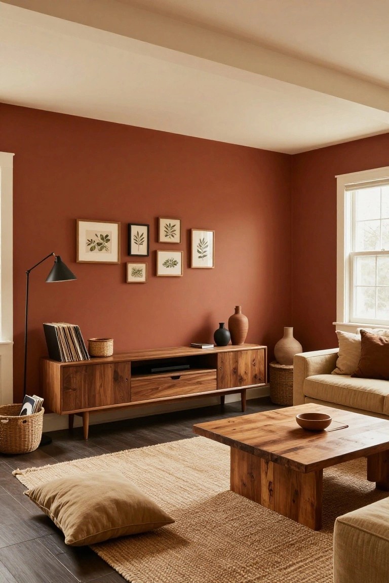 Living room interior with terracotta-painted walls, wooden TV console and coffee table, beige sofa with pillows, floor lamp, ceramic vases, framed botanical art, and seagrass rug on dark wood floors.