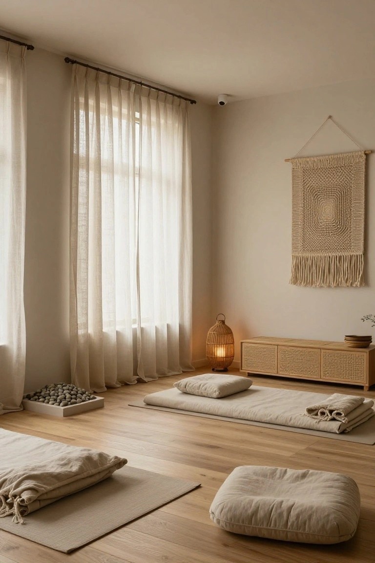 A minimalist interior room with light wood floors, beige floor mats and futons with linens, large sheer-curtained windows, rattan lantern on a wood credenza, macrame wall hanging, and scattered cushions.