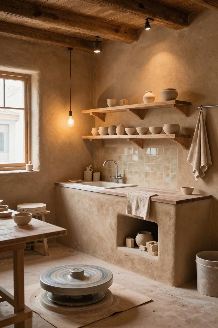 Rustic indoor pottery studio with clay-colored plaster walls, wooden ceiling beams, shelves holding beige pottery, sink area with tiled backsplash, wooden table, stool, and pottery wheel on earthen floor.