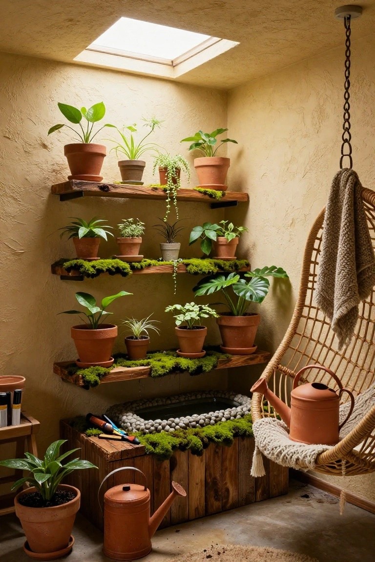 Cozy basement corner with wooden shelves lined in moss holding terracotta pots of houseplants, a hanging wicker chair draped with a blanket and holding a watering can, beige textured walls, and a skylight above.