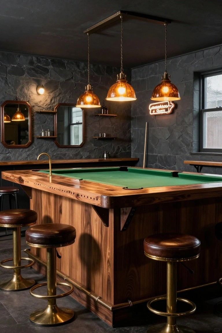 Basement bar built around a wooden pool table with green felt surface, leather bar stools on brass bases, dark stone walls, hanging brass pendant lights, and a neon sign.