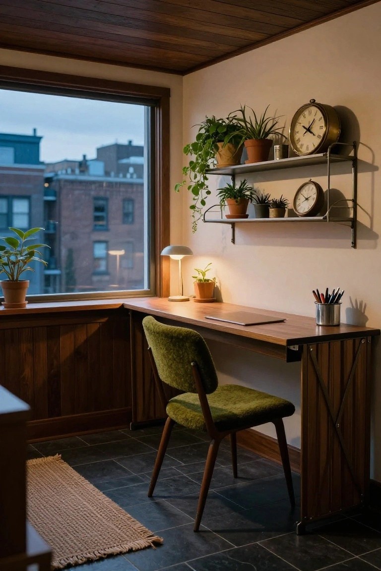 Home office corner featuring a wooden desk positioned under large windows, green upholstered chair, potted plants on windowsills and metal shelves with clocks, desk lamp, and wooden paneling on dark tile floor.
