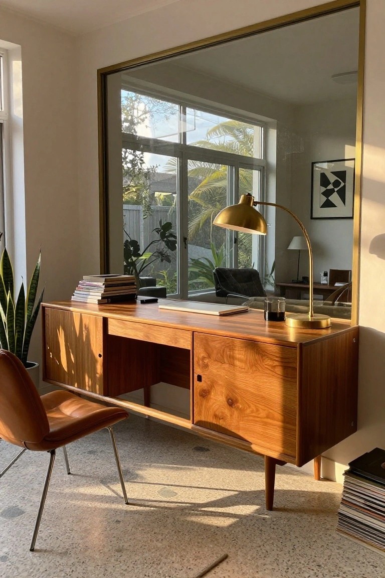 Sunlit room with wooden credenza desk topped by books, laptop, and gold arc lamp, orange leather chair, potted snake plant, large gold-framed mirror reflecting outdoor greenery, and book stacks on terrazzo floor.