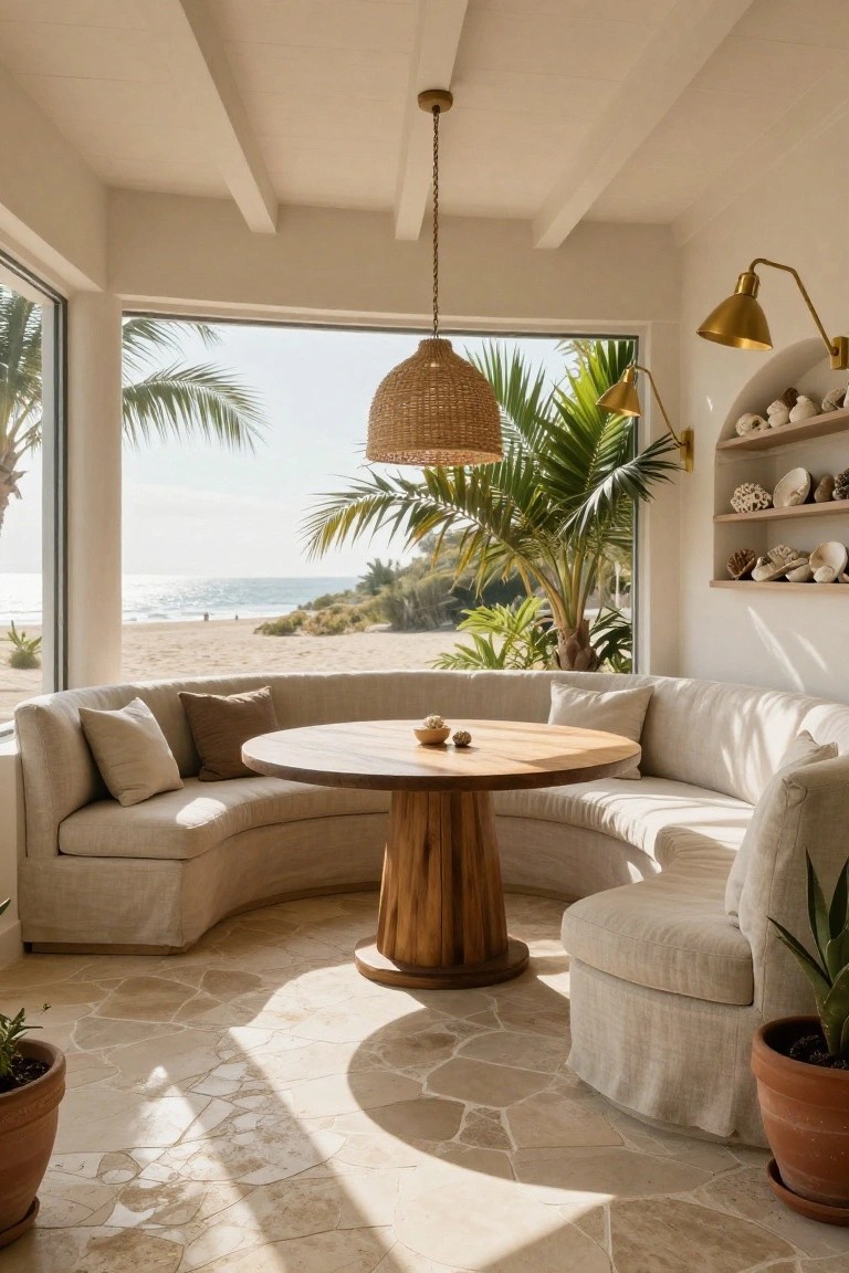 Sunroom with curved white linen banquette around a round wooden pedestal table, large windows overlooking beach palms and ocean, rattan pendant light, gold wall sconces on niche shelves with shells, potted plants on stone tile floor.