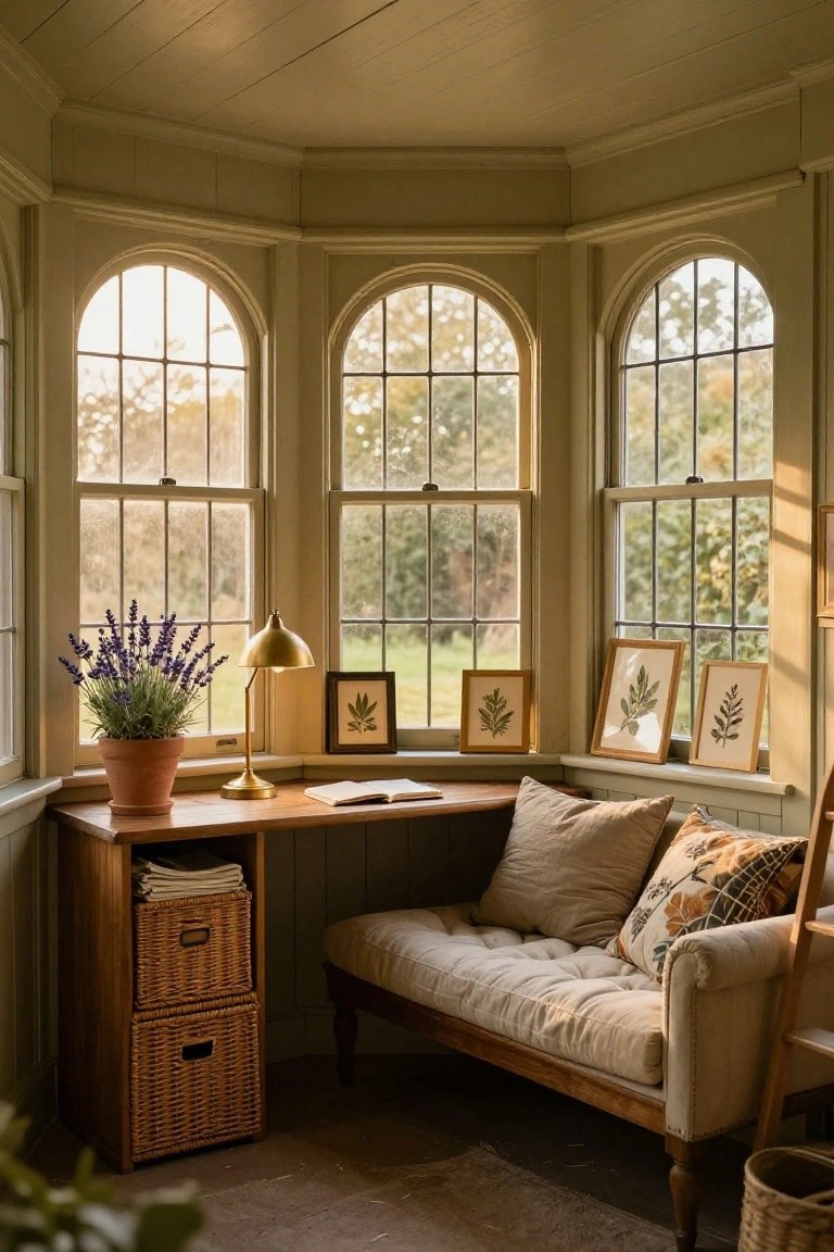 Light sage green octagonal sunroom with three tall arched windows showing trees outside, wooden desk with lamp potted lavender plant and botanical frames, and curved beige daybed with pillows nearby.