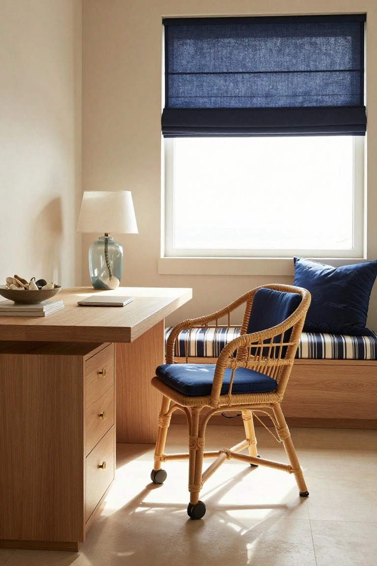 Wooden desk with lamp, books, and shells next to rattan chair and window bench with blue cushions and striped upholstery, under blue roman shade in beige room.