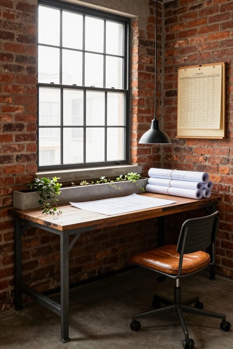 Corner home office with exposed brick walls, large multi-pane windows, wooden desk with blueprints and plants, metal pendant light, and tan leather chair on concrete floor