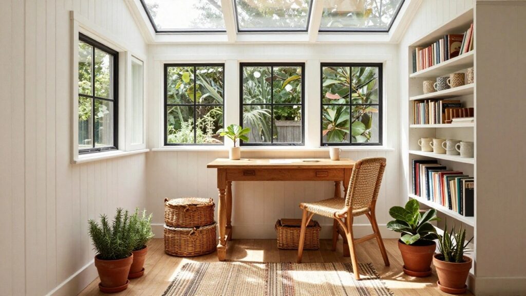 Sunroom office corner with wooden desk, rattan chair, two mugs, paper, bookshelves, potted plants including a fiddle leaf fig, large black-framed windows showing garden, skylights above, wooden floor, and striped rug.