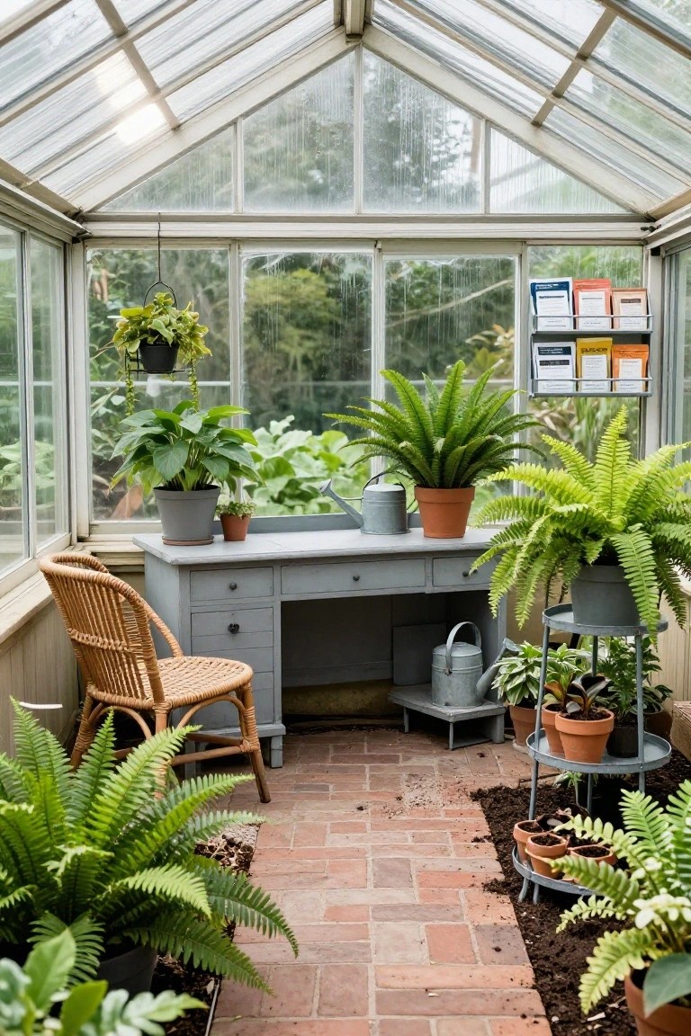 Glass-walled greenhouse interior with gray desk, wicker chair, metal watering cans, and numerous potted ferns and plants on brick floor.