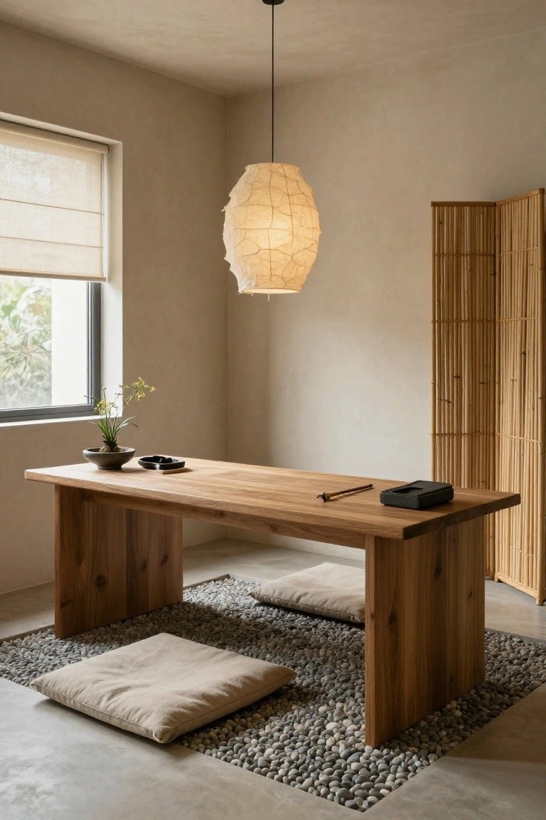 A minimalist beige-toned room with a low wooden desk on a pebble mat, beige floor cushions, black incense holder, potted plant, bamboo screen, and white pendant lamp over a window with sheer blinds.