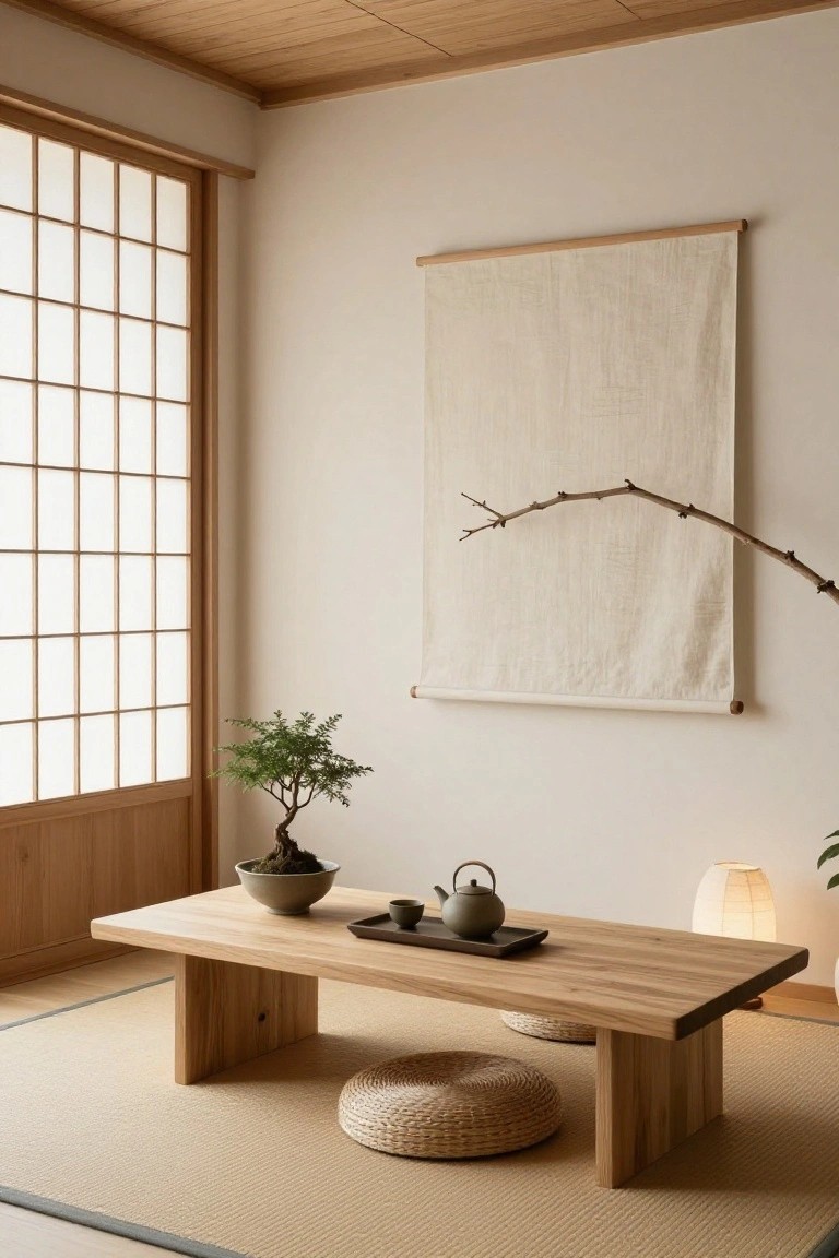 A minimalist indoor room with light wooden floors and walls, shoji screen windows, a low rectangular wooden table holding a teapot, cups, tray, and bonsai tree in a bowl, woven floor cushions beside the table, a hanging fabric panel with branches on the wall, and a paper lamp.