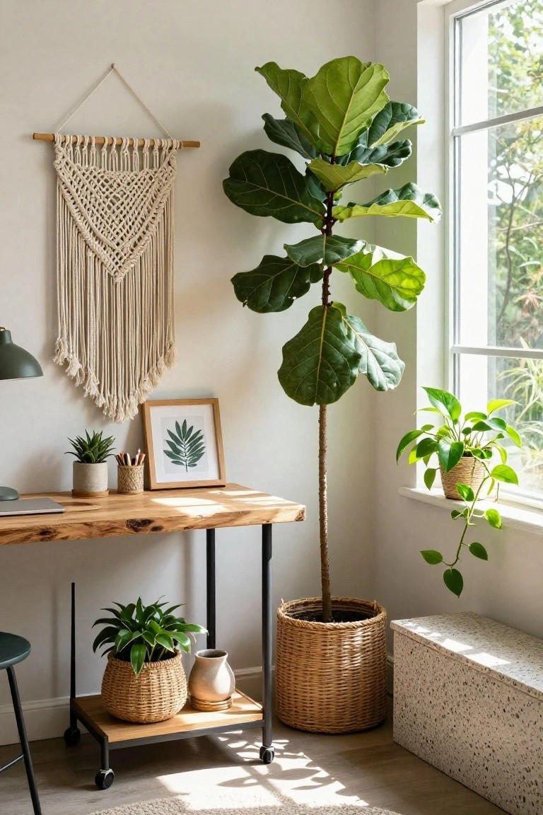 Bright indoor office corner with wooden desk on metal legs, tall fiddle leaf fig in woven basket, smaller potted plants, macrame wall hanging, desk lamp, and large window letting in sunlight.