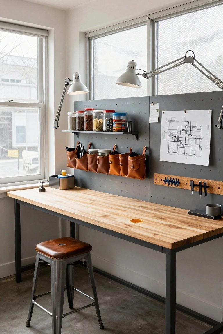 A bright sunroom office featuring a butcher block desk on metal legs, gray pegboard wall with shelves holding jars and tools, leather hanging pouches, blueprints pinned nearby, and large windows with natural light.
