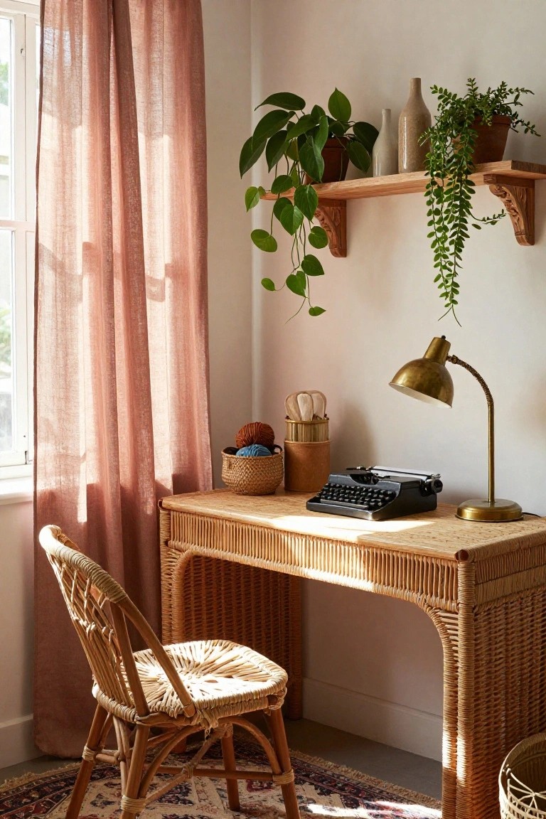 A bright indoor corner office with a woven rattan desk holding a black typewriter, matching rattan chair, gold desk lamp, potted plants on wooden shelves, and sheer pink curtains on a large window.