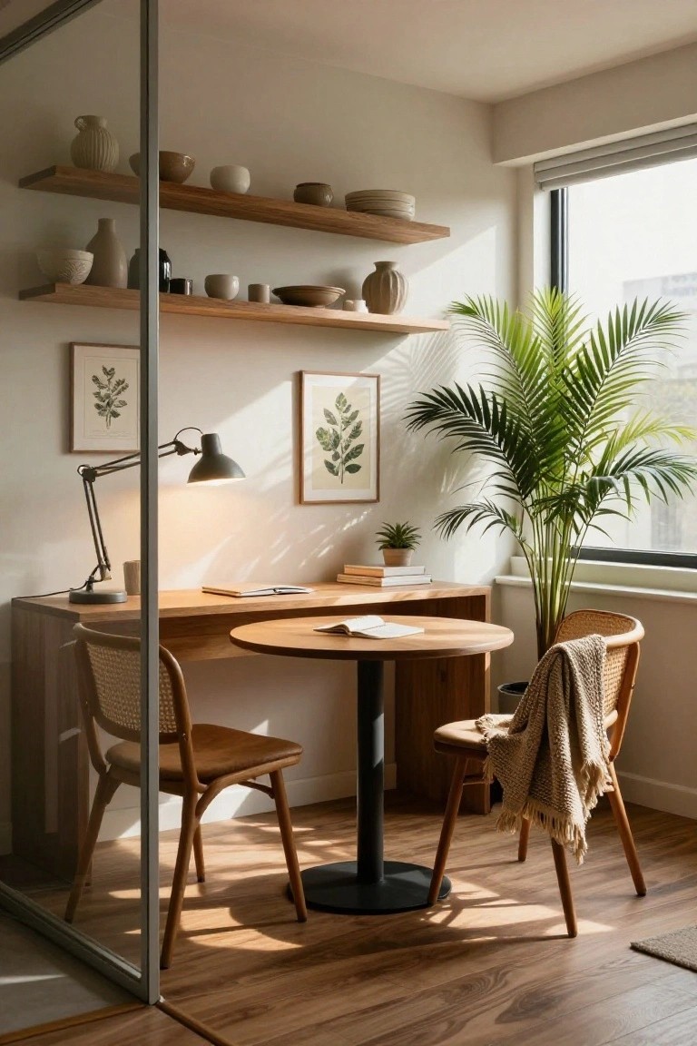 Sunroom office interior with a round wooden table desk on black pedestal base, two rattan chairs with cushions and throw, wooden open shelves holding ceramic pots and vases, tall potted palm plant by large window with blinds, adjustable desk lamp, and hardwood floor.