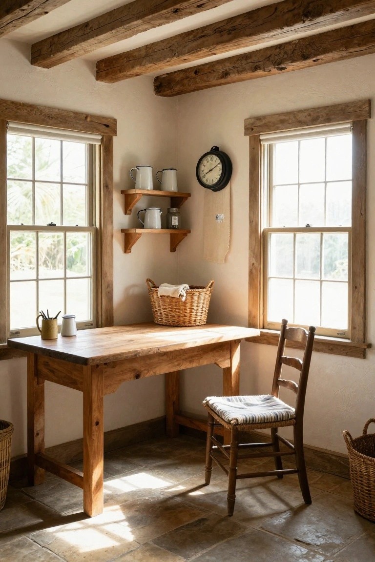 Sunlit corner room with exposed wooden ceiling beams, wooden-framed windows, wooden desk and ladder-back chair, wall shelves holding enamelware and jars, wall clock, wicker baskets, and terracotta mug on the desk.