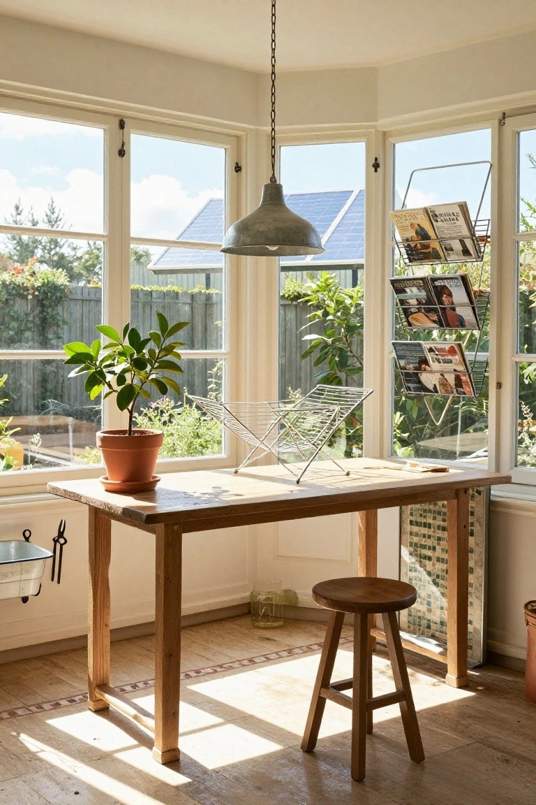 Sunroom corner with wooden table used as desk, wooden stool, potted plant in terracotta pot, wire dish rack, magazine rack by large open windows overlooking garden, fence, and solar panels.