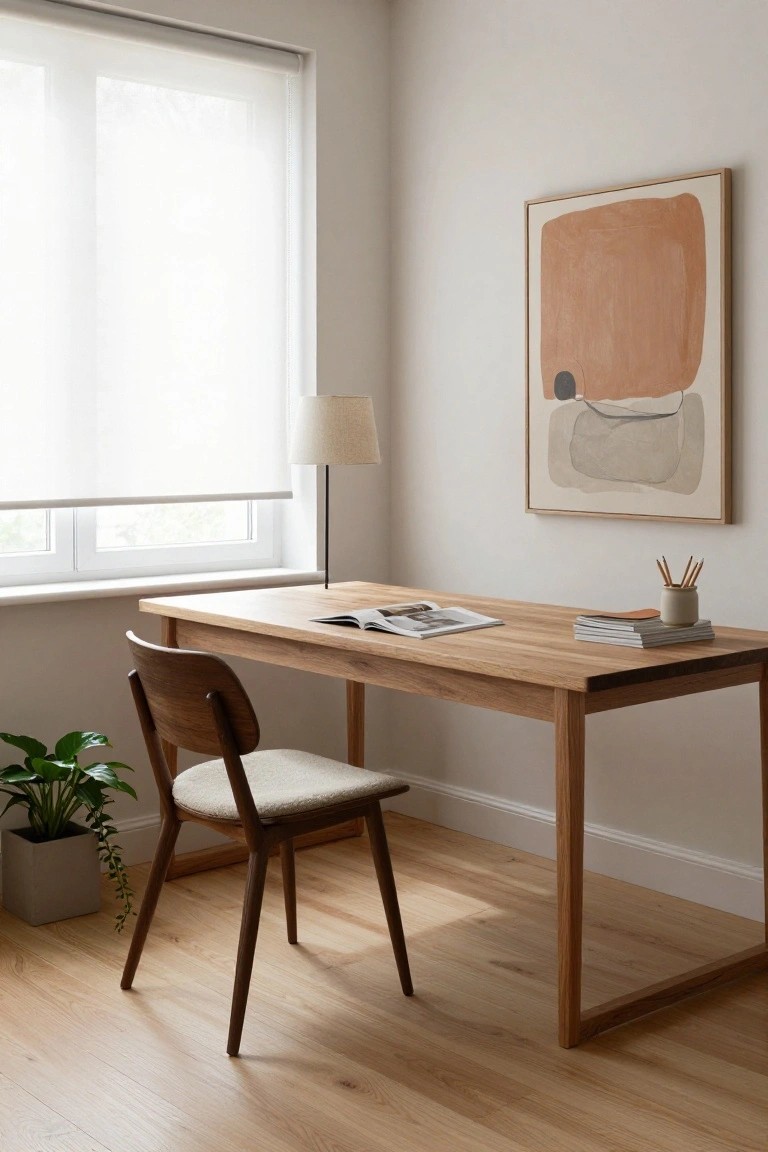 A wooden desk with open frame legs and a chair in a light-filled room, featuring large double windows with sheer roller blinds, a floor lamp, potted plant, stacked books, and abstract wall art.
