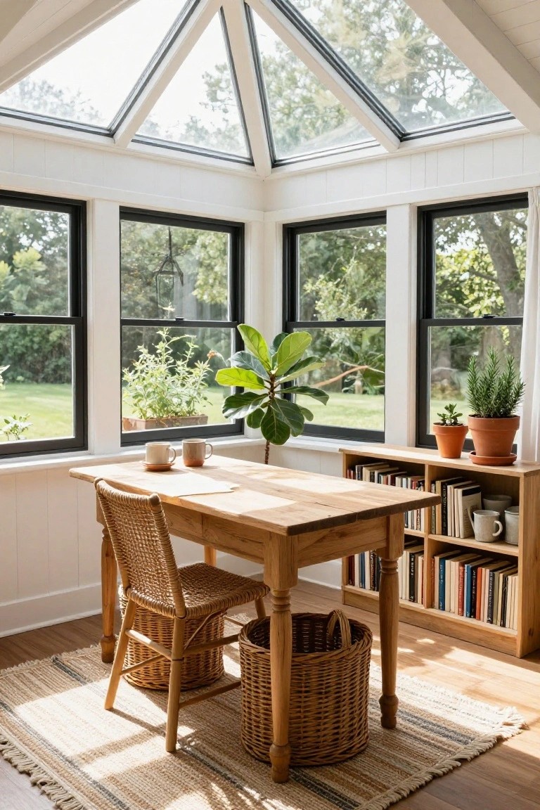 Sunroom office corner with wooden desk, rattan chair, two mugs, paper, bookshelves, potted plants including a fiddle leaf fig, large black-framed windows showing garden, skylights above, wooden floor, and striped rug.
