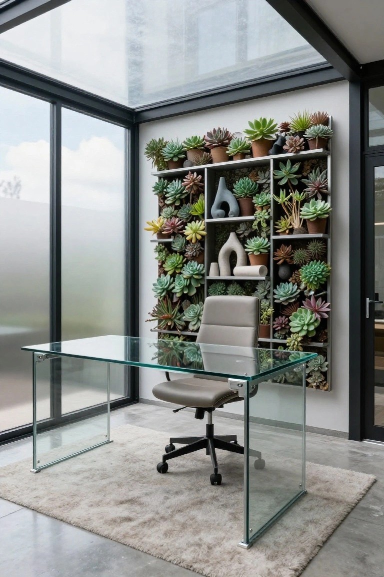 Glass desk and gray office chair in a modern sunroom office with a large vertical metal shelving unit on the wall filled with various succulents in pots and a glass ceiling above.