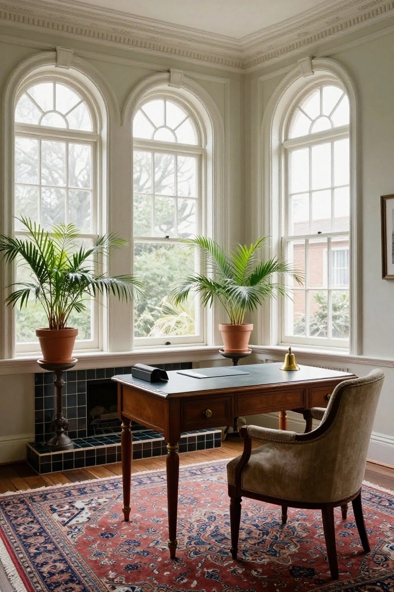 Corner of a light-filled room with three large arched windows, two potted palm plants on stands, a wooden desk with leather top and chair, a small fireplace, brass bell, and red Persian rug on wood floor.