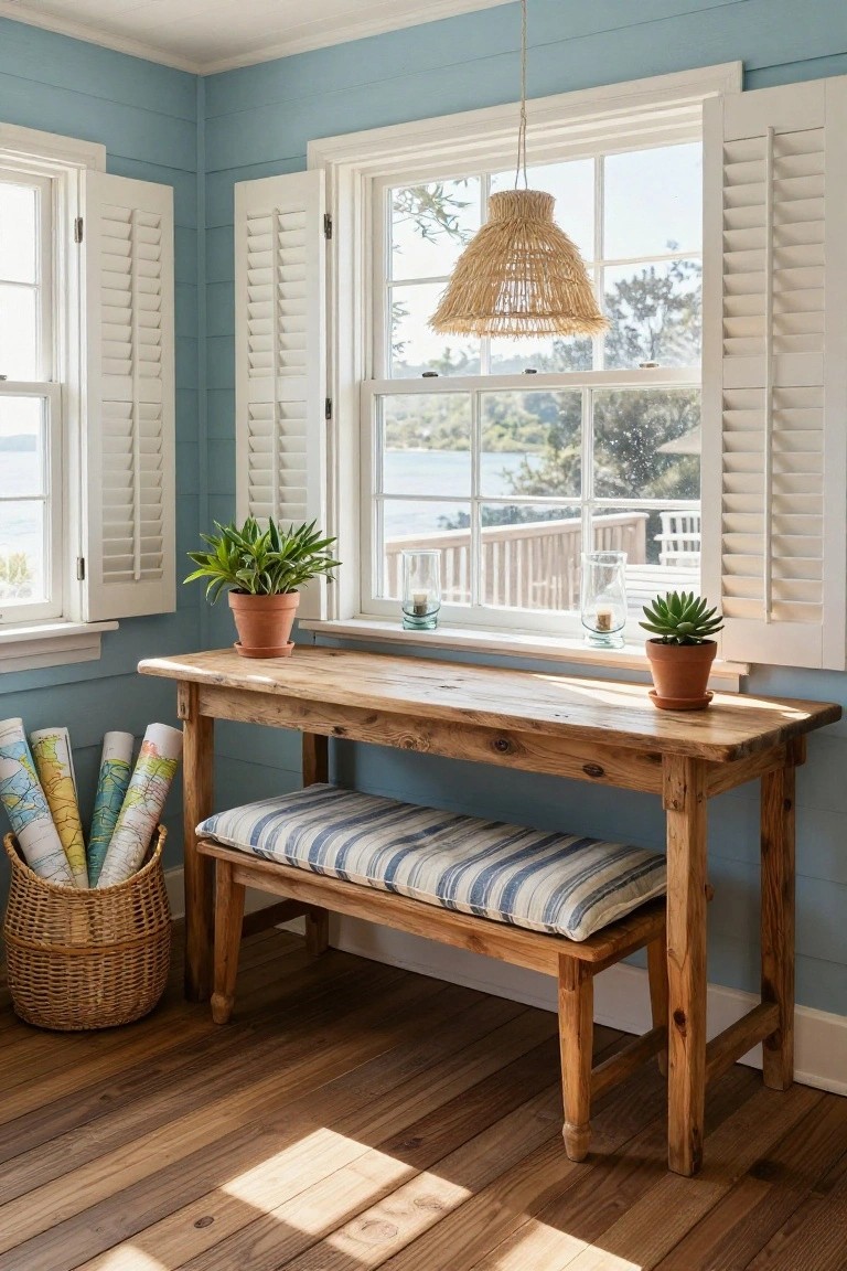 Light blue sunroom with wooden table desk, blue-and-white cushioned bench underneath, potted plants on desk and windowsill, rolled maps in basket nearby, large shuttered windows showing lake view.