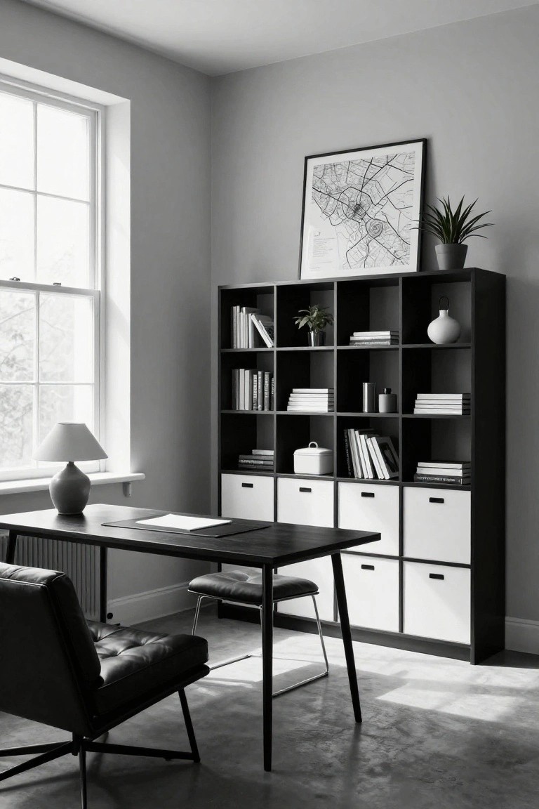 Black modular bookshelf with open shelves holding books, plants, and ceramics above white drawers, next to a wooden desk, leather chair, and lamp in a light-filled room with a large window.