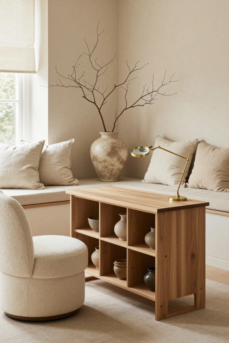 Light beige interior room with window seat on wooden open-shelf bench unit, cream pillows on bench and window, bouclé swivel chair, various ceramic vases and bowls on shelves, gold adjustable desk lamp, and potted branch in corner.