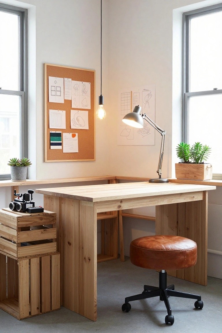 Corner workspace in a light-filled room with an L-shaped natural wood desk, integrated shelving, corkboard displaying sketches and notes, adjustable desk lamp, potted succulents, wooden crates, leather stool on casters, and large windows.