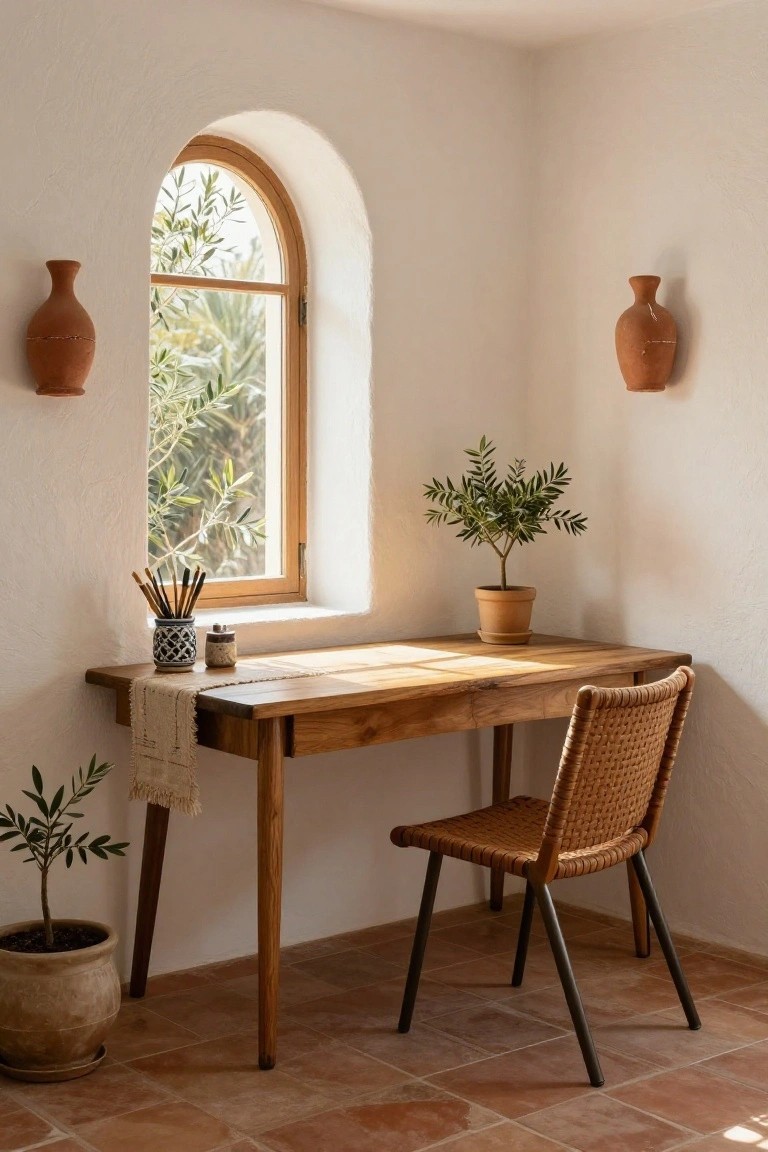 A wooden desk with a linen runner and mug sits by an arched window overlooking olive trees in a white-walled room with potted olive plants, terracotta vases on walls, and a woven chair on terracotta tile floor.