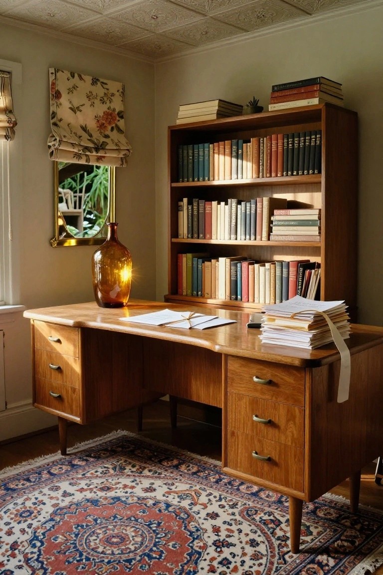 Sunlit home office interior with large wooden desk holding papers and a lamp, wooden bookshelves filled with books, amber glass bottle, floral roman shade on window showing plants outside, and patterned rug on floor.