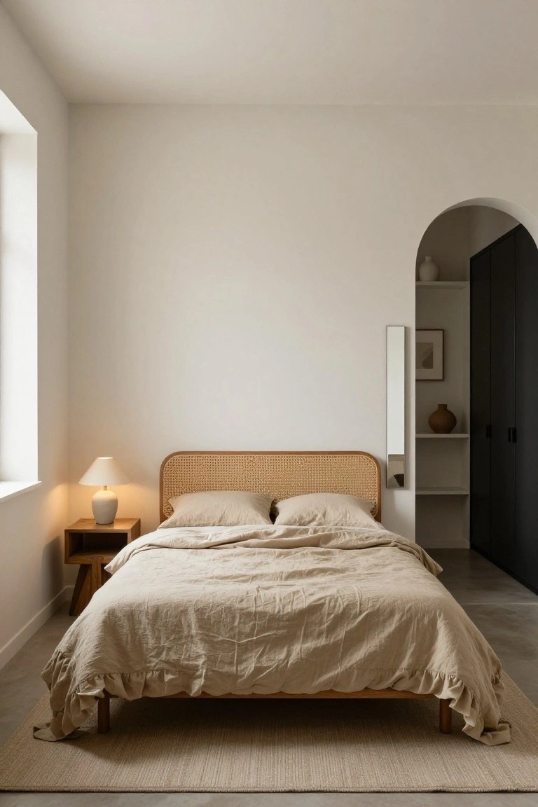 A minimalist bedroom with a queen bed featuring a rattan cane headboard and beige linen bedding, a wooden nightstand with ceramic lamp, large window on one side, tall mirror, and arched doorway to black wardrobe.