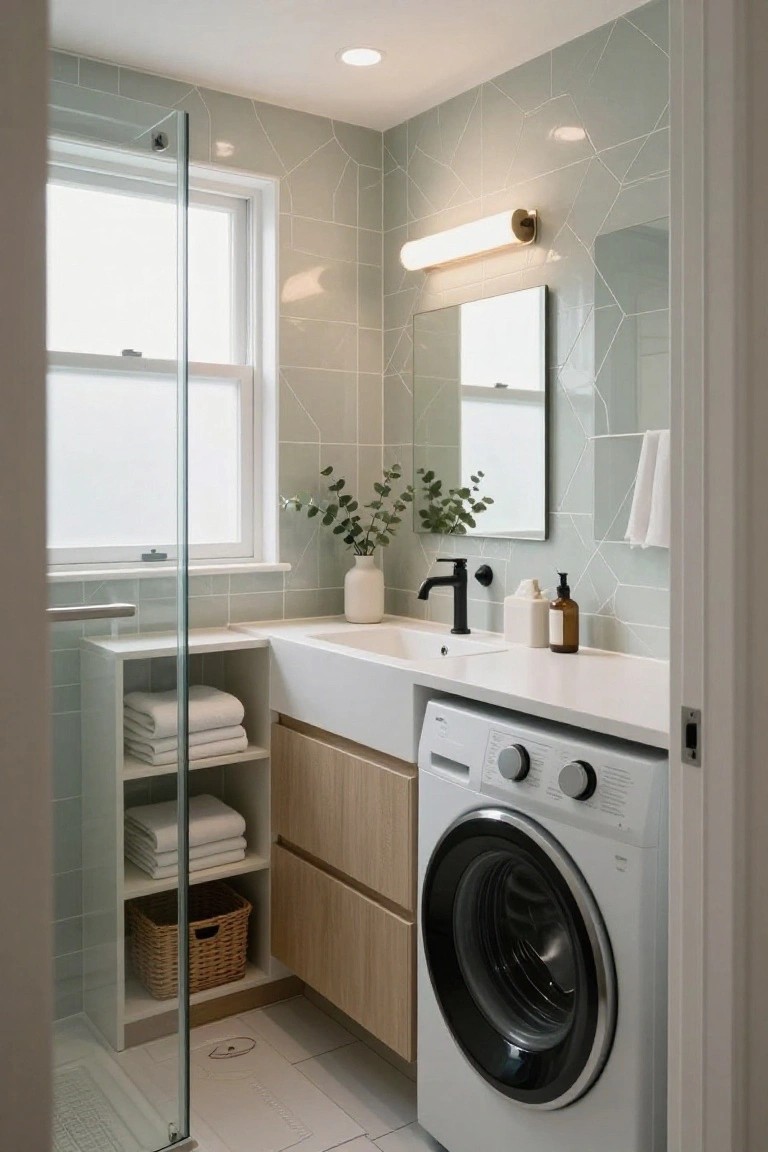 Compact bathroom with glass shower enclosure, white sink and countertop, black faucet, front-loading white washer and dryer, wooden cabinets and open white shelving with folded towels and woven basket, geometric light green tiles on walls, potted eucalyptus plant, and wall mirror.