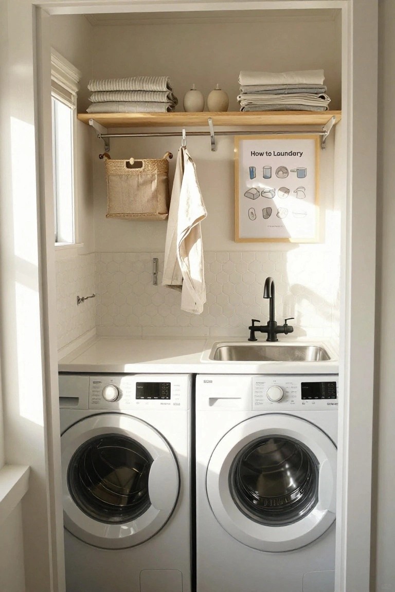 Narrow white laundry closet with side-by-side white front-loading washers and dryer, stainless steel utility sink, wooden open shelves holding folded linens and baskets, hanging rod with towel, and framed poster on white hexagonal tile backsplash.