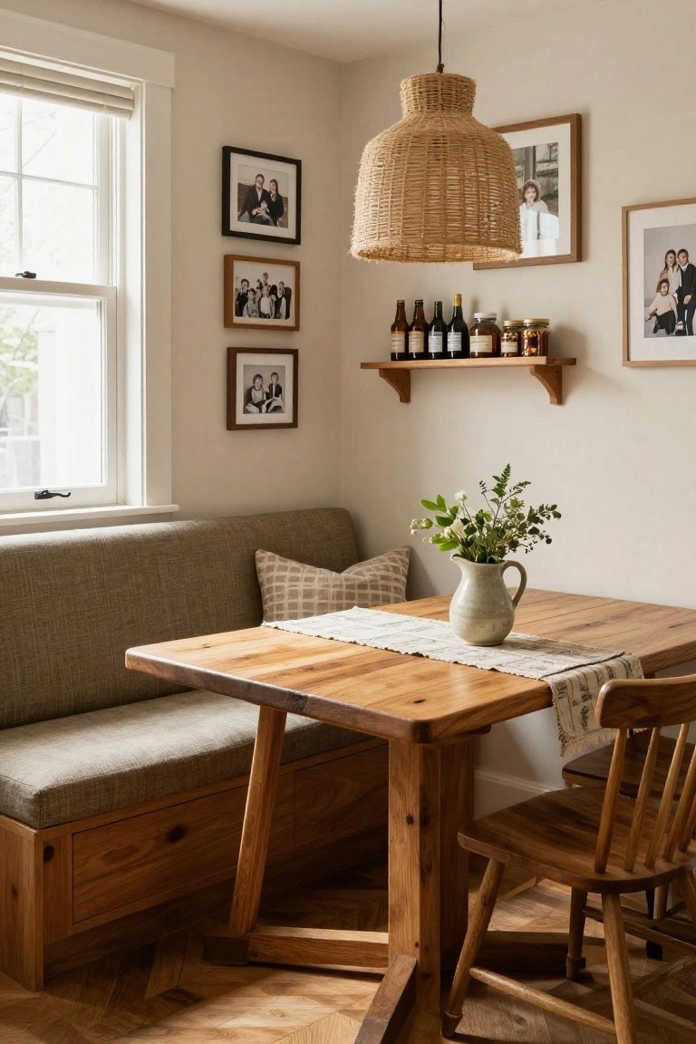Corner kitchen nook with built-in beige bench seating, wooden table topped with runner and vase of greenery, wooden chairs, rattan pendant light overhead, wall shelves holding bottles and jars, and framed family photos on beige walls.
