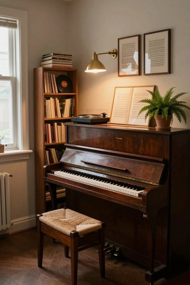 Warm-toned room featuring a wooden piano, vinyl records, and a potted fern.