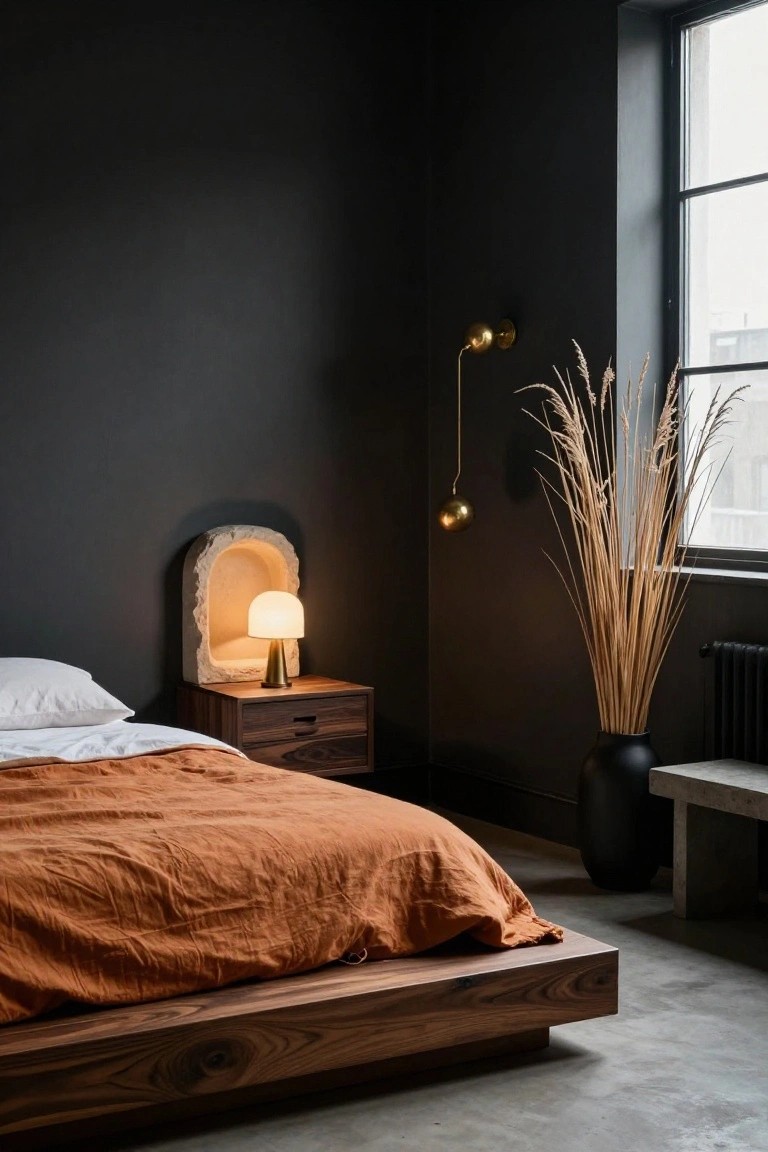 A bedroom interior featuring dark gray walls, a low walnut platform bed with white sheets and terracotta linen duvet, a wooden nightstand with beige lamp inside a stone arched niche, tall pampas grass in a black vase, gold wall sconces, and a large window with black radiator.