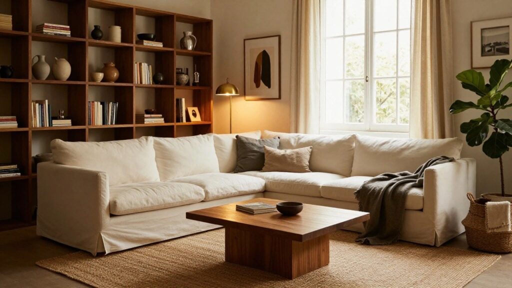 25 Inviting Apartment Aesthetic Looks For Year Round Comfort A sunlit living room corner with a white slipcovered L-shaped sofa, wooden coffee table holding cups, tall fiddle leaf fig plant, wooden bookshelves filled with books and ceramics, and beige rug.