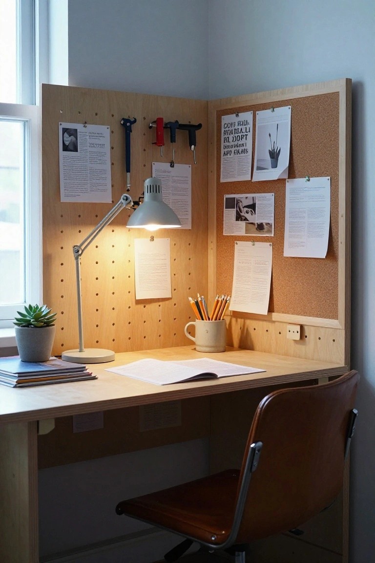 Corner workspace with light wood desk and pegboard wall holding tools, notes, lamp, pencils, mug, and potted succulent near a window.