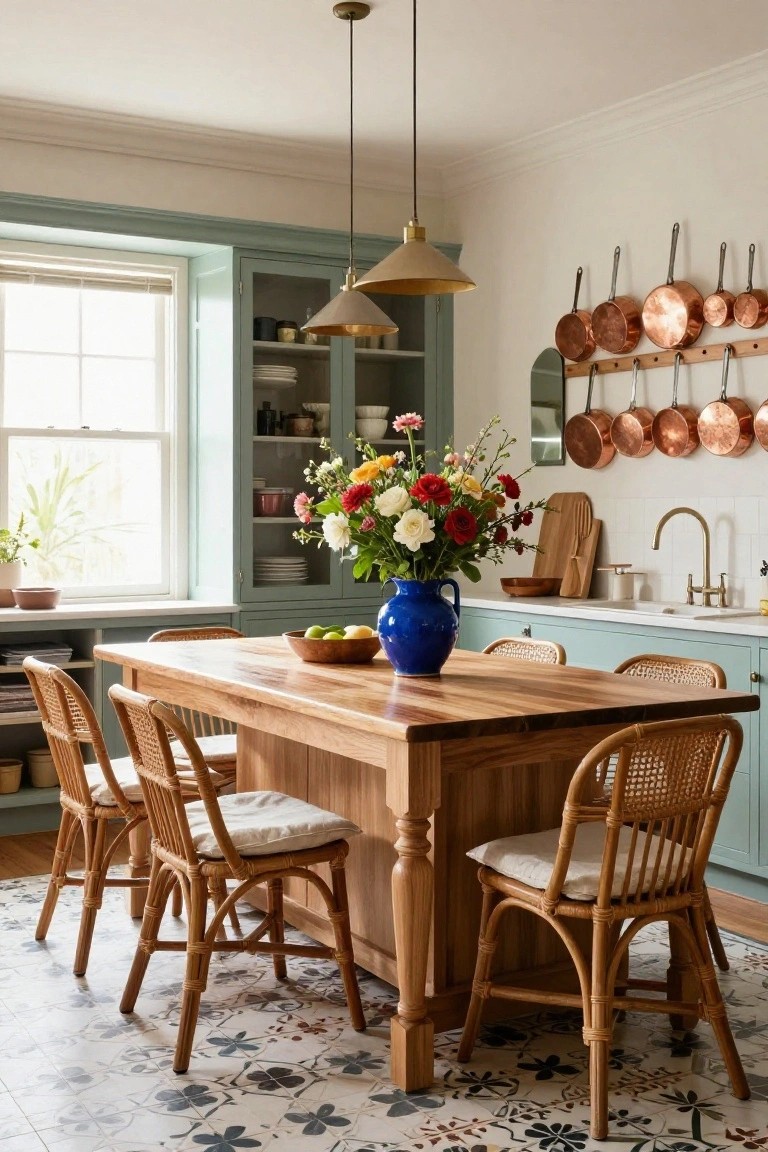 Kitchen interior with sage green cabinets, a wooden dining table holding a blue vase of flowers and wooden bowl of apples, surrounded by rattan chairs with cushions, copper pots on a wall rack, and brass pendant lights overhead.