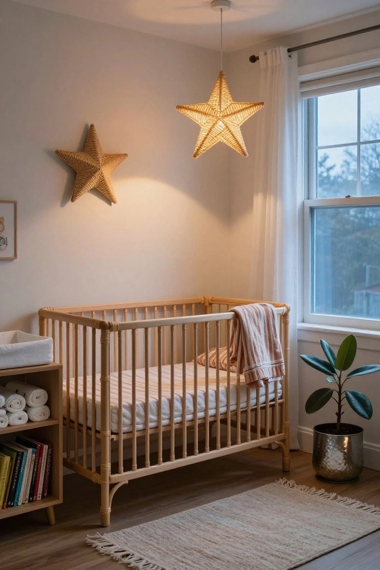 Nursery room with light wooden crib draped in striped pink blanket, adjacent changing table stocked with towels and books, rattan star pendant light over crib, two matching rattan star wall lights, white curtains on window with potted plant in hammered pot, and seagrass rug on hardwood floor.