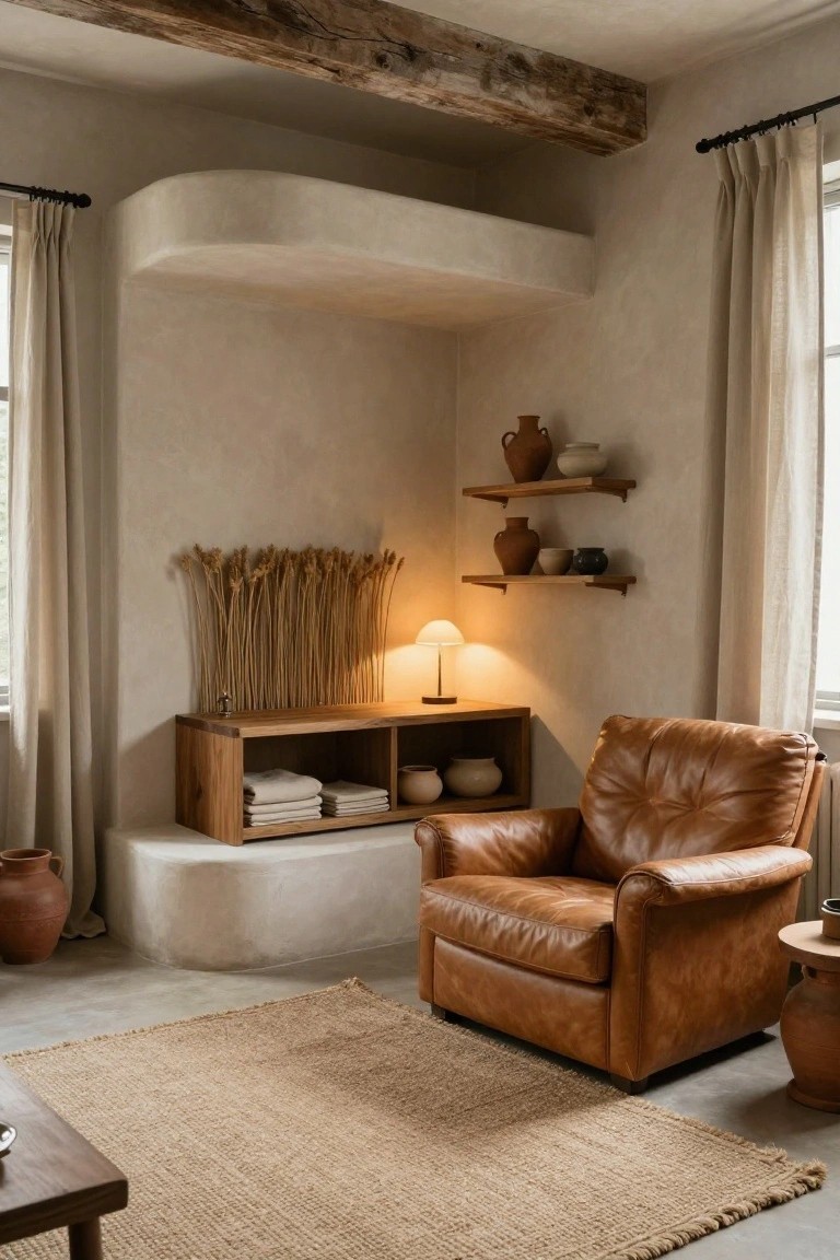 Cozy living room with a leather chair, wooden shelves, and decorative pottery.