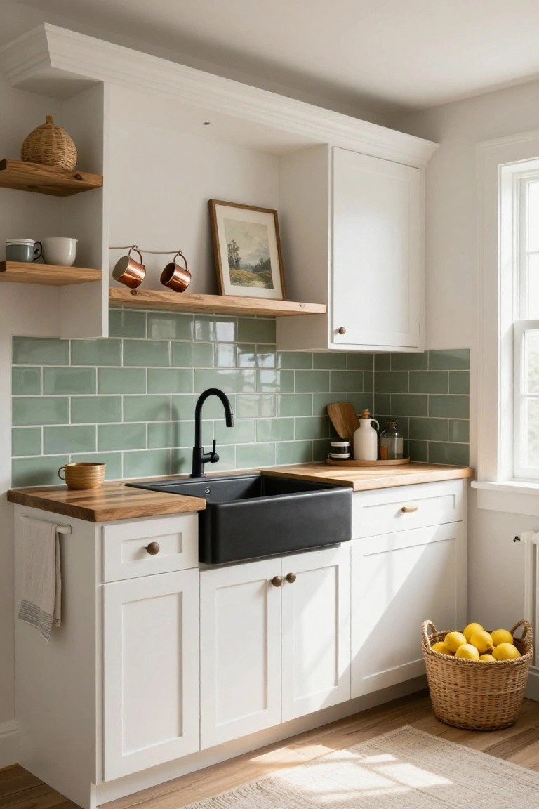 Compact white shaker kitchen with sage green subway tile backsplash, black farmhouse sink on wood countertop, open wood shelves with copper mugs and pottery, and wicker basket of lemons on hardwood floor.